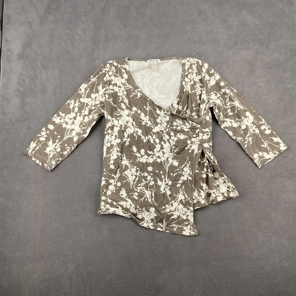 Orvis Blouse Top Womens Medium Gray Beige Floral Cotton Surplice Neck Pullover